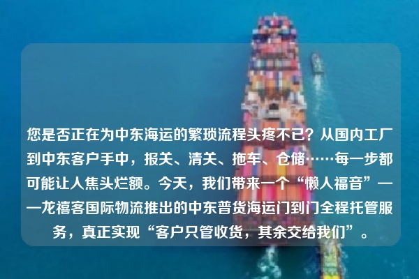 您是否正在为中东海运的繁琐流程头疼不已?从国内工厂到中东客户手中,报关、清关、拖车、仓储……每一步都可能让人焦头烂额。今天,我们带来一个“懒人福音”——龙禧客国际物流推出的中东普货海运门到门全程托管服务,真正实现“客户只管收货,其余交给我们”。