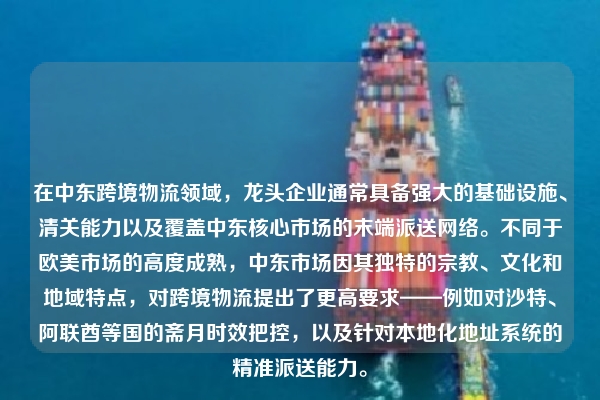 在中东跨境物流领域，龙头企业通常具备强大的基础设施、清关能力以及覆盖中东核心市场的末端派送网络。不同于欧美市场的高度成熟，中东市场因其独特的宗教、文化和地域特点，对跨境物流提出了更高要求——例如对沙特、阿联酋等国的斋月时效把控，以及针对本地化地址系统的精准派送能力。